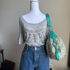 Miss Me Grey Top with cute teal and green designs